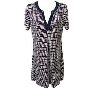Perseption Shift Dress Petite PS Navy Red White Geometric Chain Link V-Neck‎